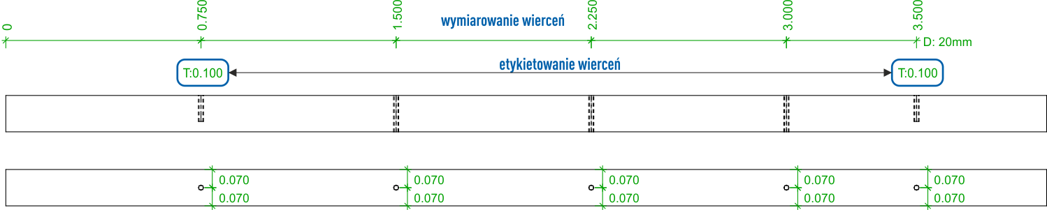 Rysunek warsztatowy belki - wymiarowanie wierceń